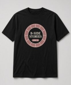 B-Side Stories Vinyl Record Unisex T-Shirt in black with dusty-rose vinyl record label badge