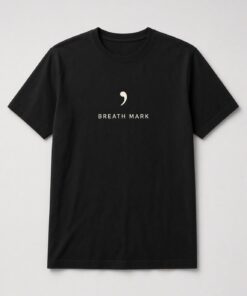 Breath Mark Minimalist Music Unisex T-Shirt in black with music notation breath mark symbol