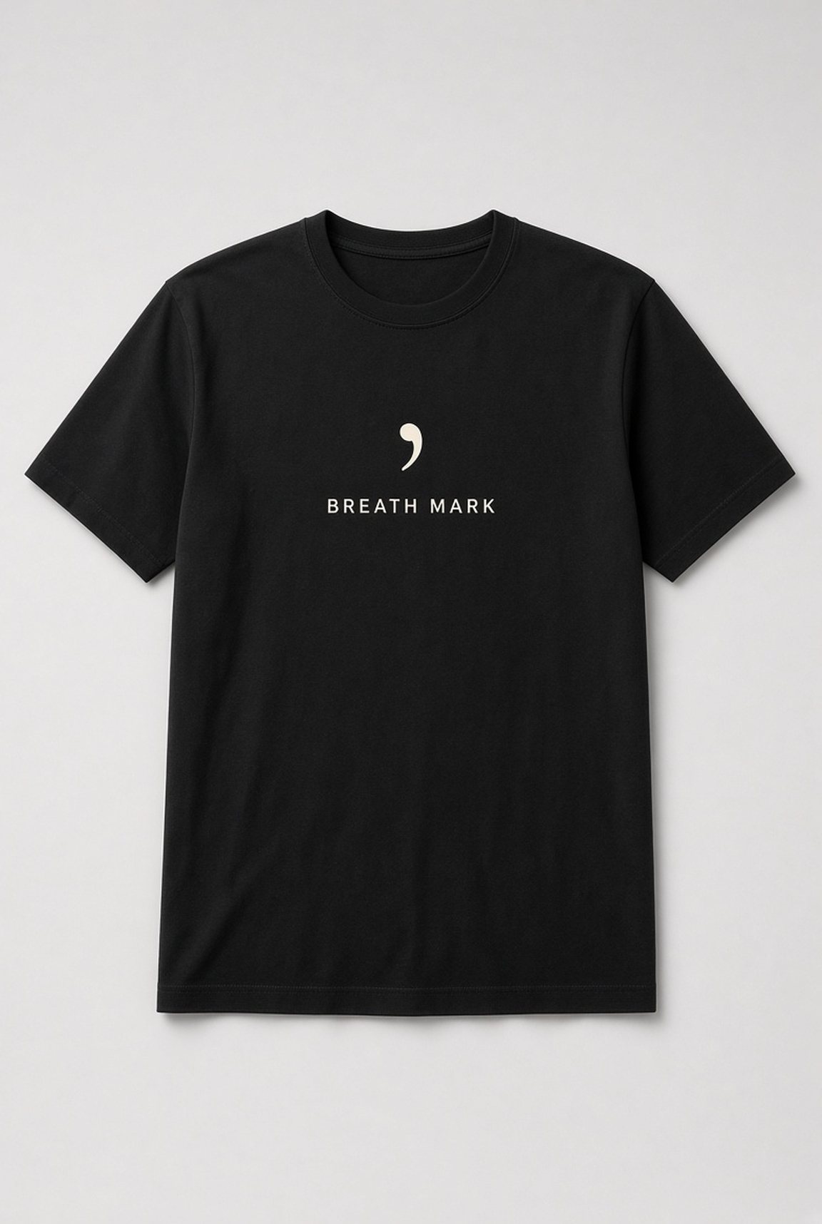 Breath Mark Minimalist Music Unisex T-Shirt in black with music notation breath mark symbol