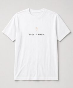 Breath Mark Minimalist Music Unisex T-Shirt in white with music notation breath mark symbol