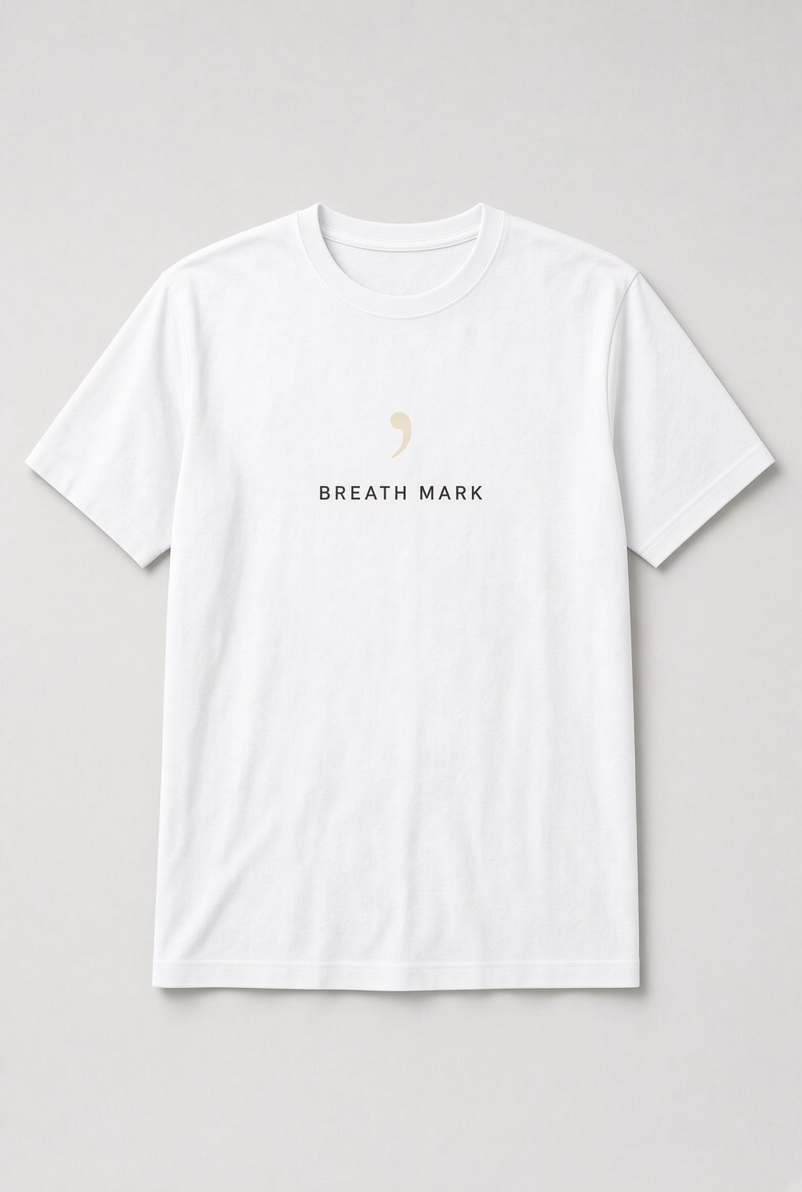 Breath Mark Minimalist Music Unisex T-Shirt in white with music notation breath mark symbol