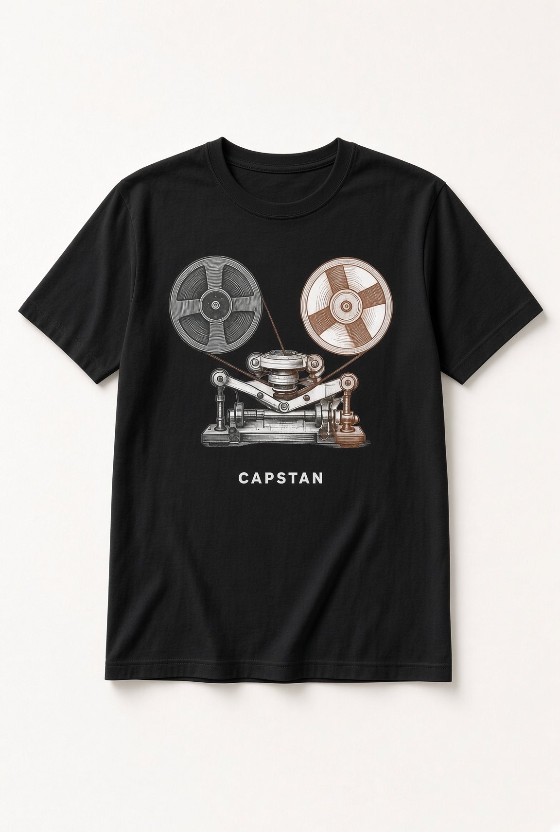Capstan Reel-to-Reel Tape Unisex T-Shirt in black with vintage reel-to-reel tape machine illustration