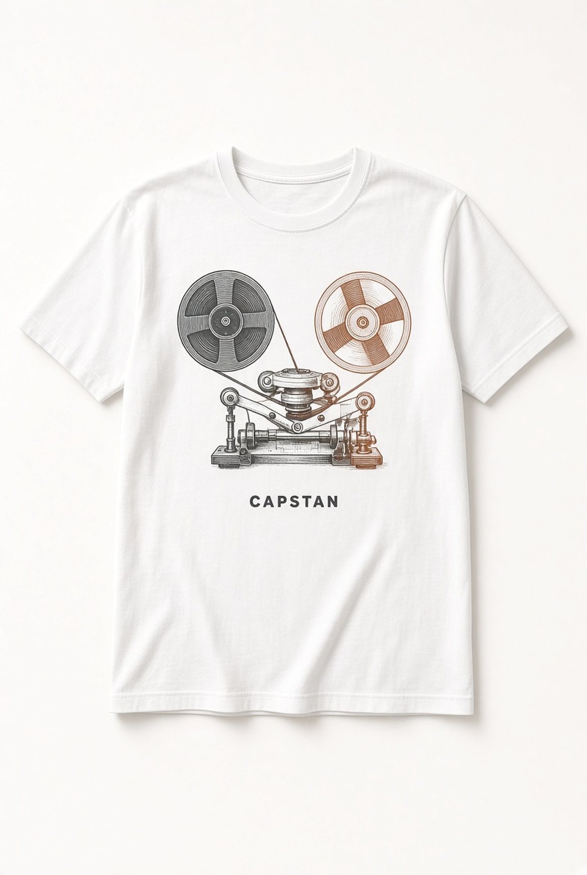 Capstan Reel-to-Reel Tape Unisex T-Shirt in white with vintage reel-to-reel tape machine illustration